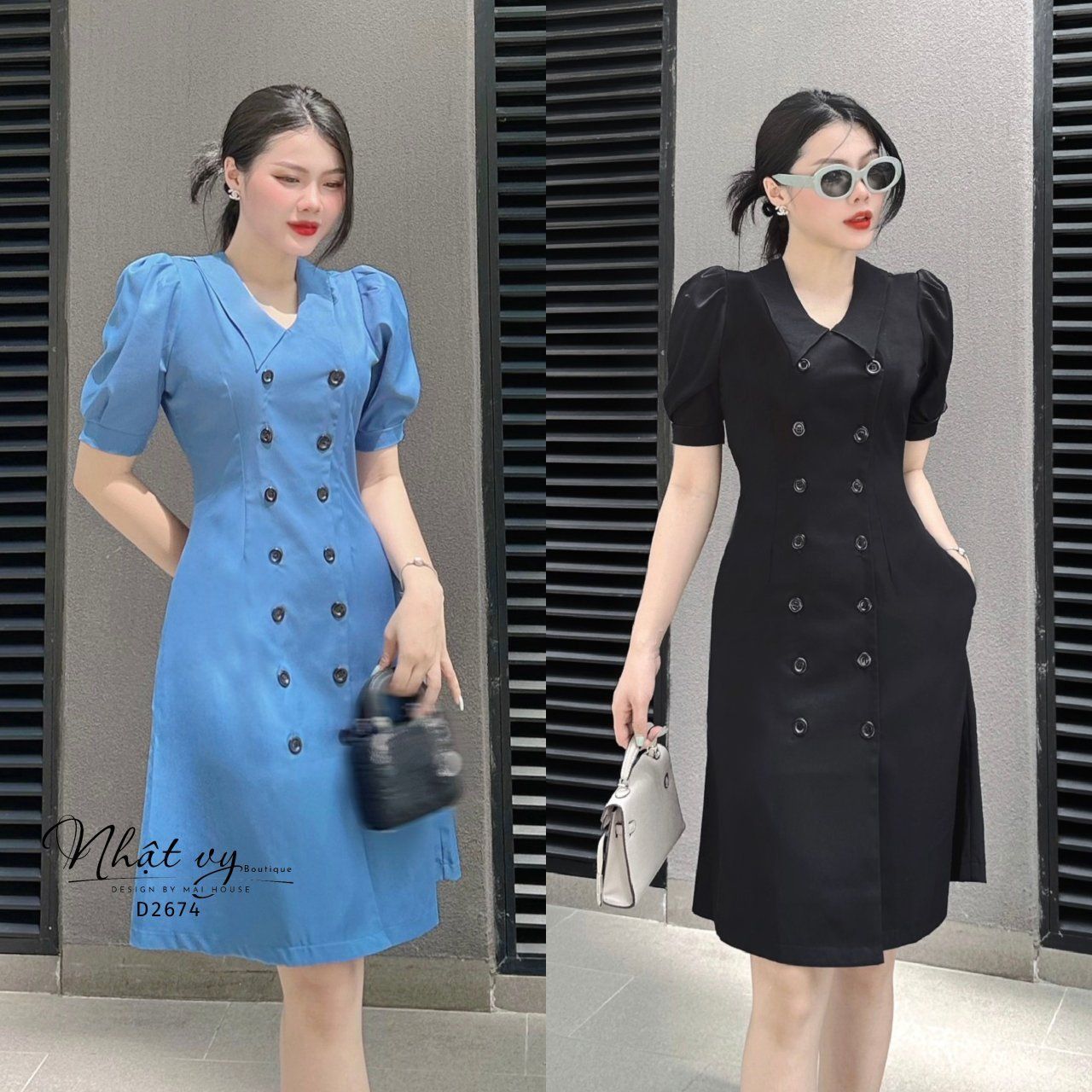 Đầm dáng ôm tay phồng phối cúc thật- D2674