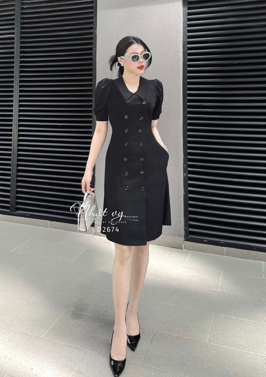 Đầm dáng ôm tay phồng phối cúc thật- D2674