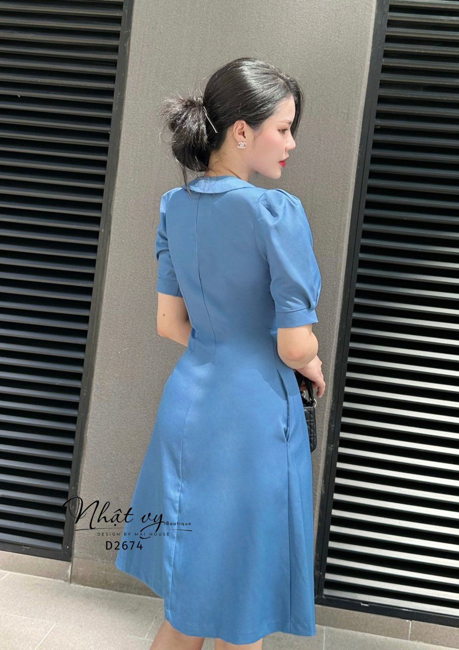 Đầm dáng ôm tay phồng phối cúc thật- D2674