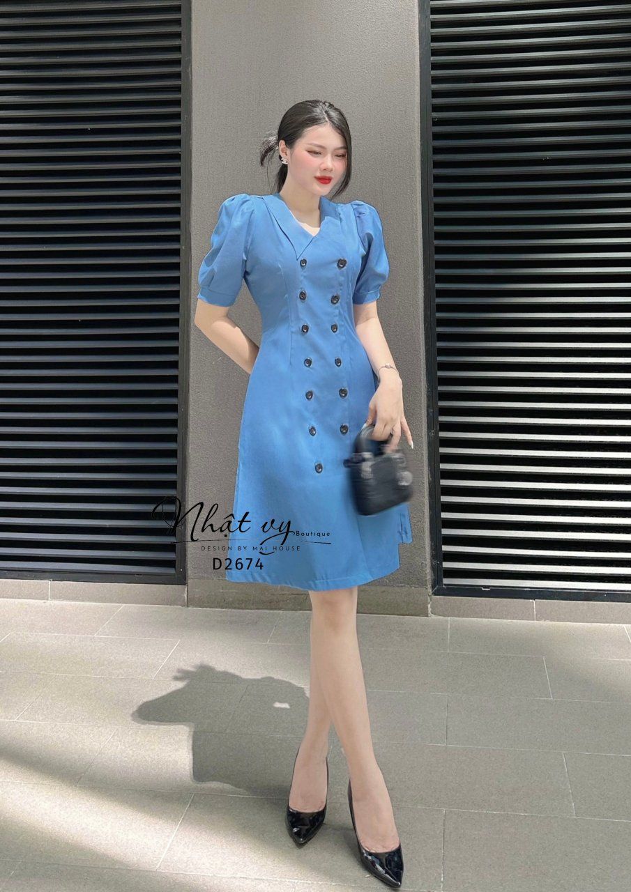 Đầm dáng ôm tay phồng phối cúc thật- D2674
