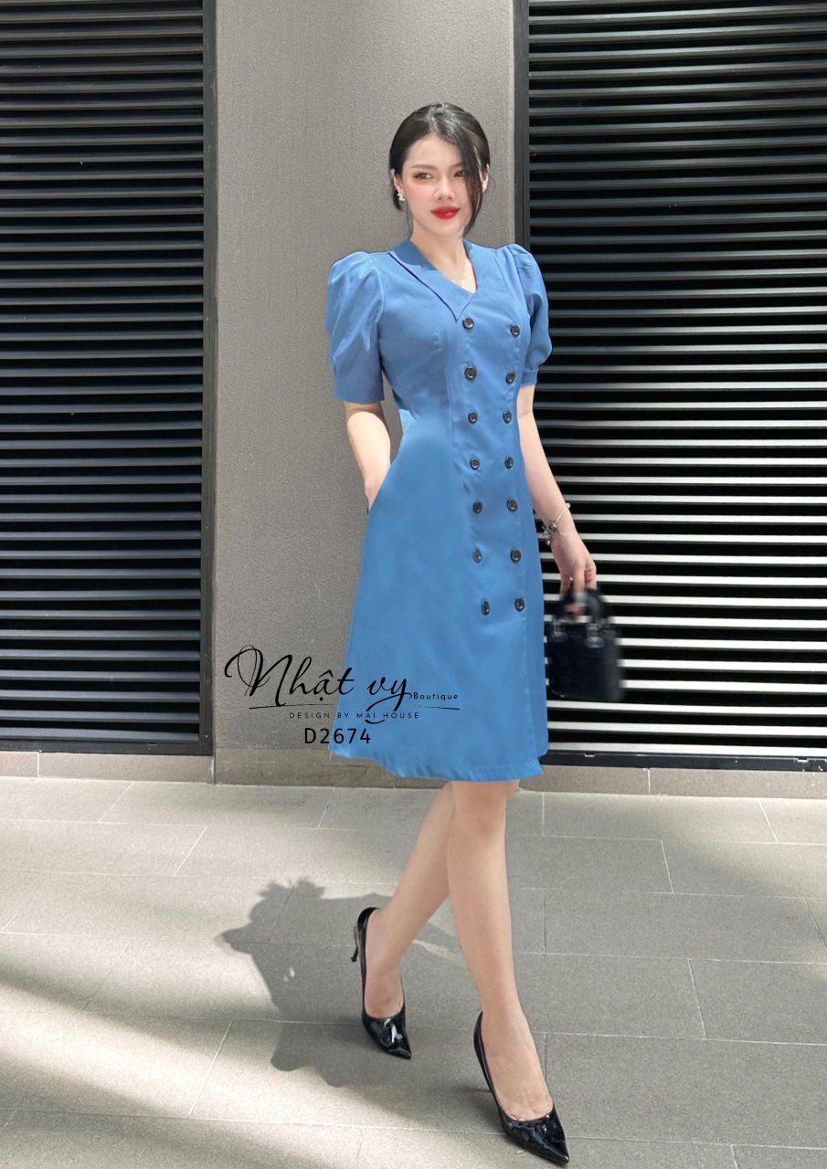 Đầm dáng ôm tay phồng phối cúc thật- D2674