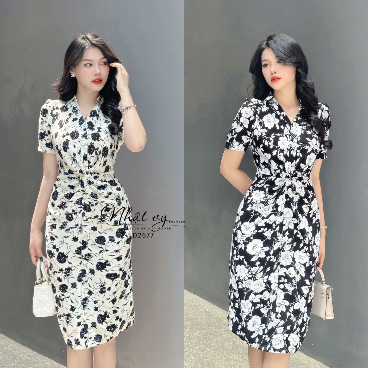 Đầm hoa xoắn eo đính cúc giả form dáng ôm - D2677