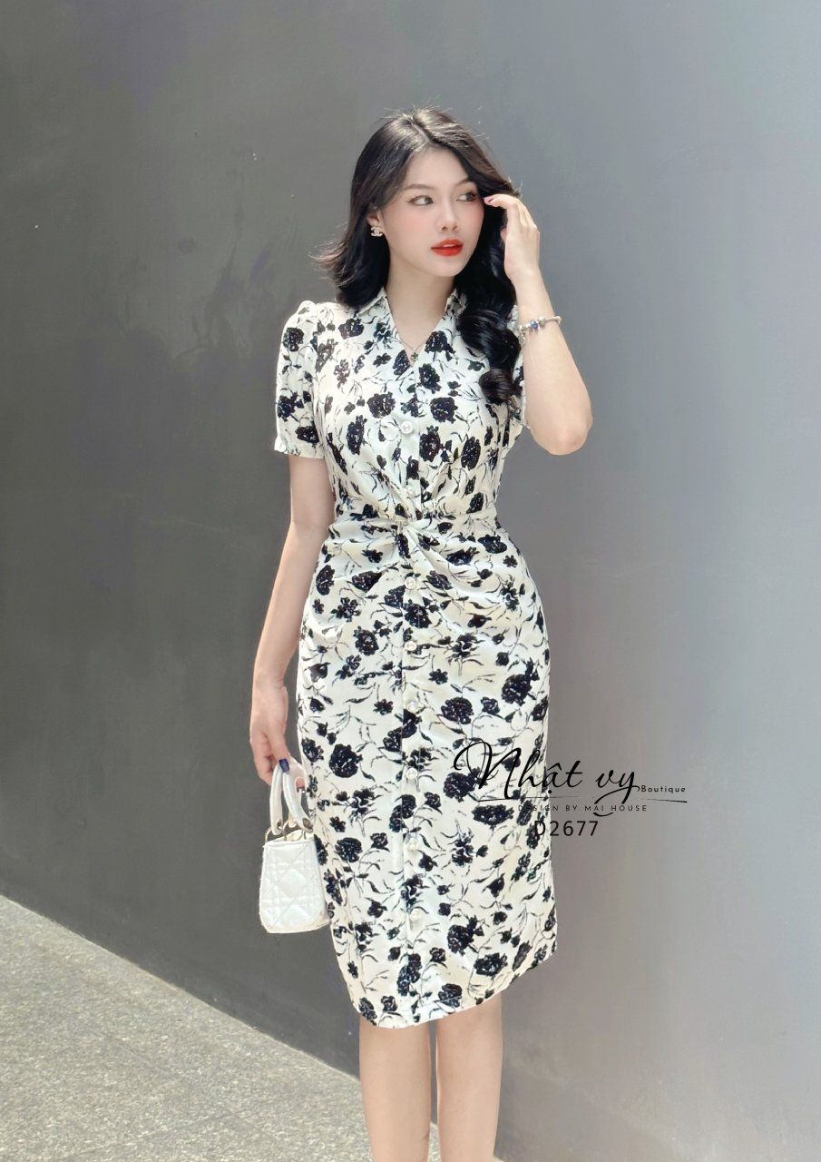 Đầm hoa xoắn eo đính cúc giả form dáng ôm - D2677