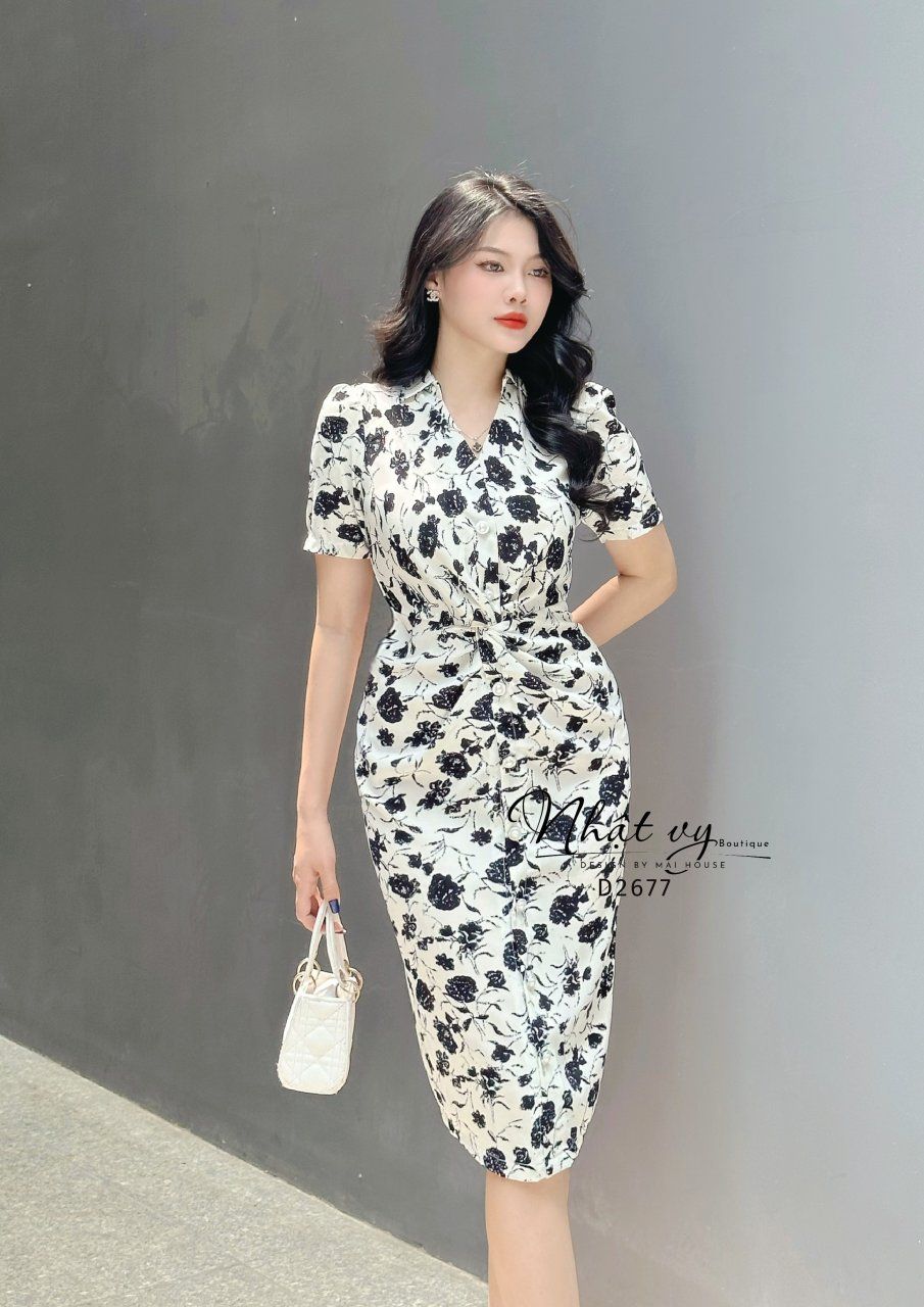 Đầm hoa xoắn eo đính cúc giả form dáng ôm - D2677