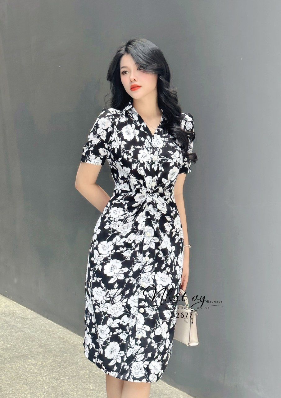 Đầm hoa xoắn eo đính cúc giả form dáng ôm - D2677