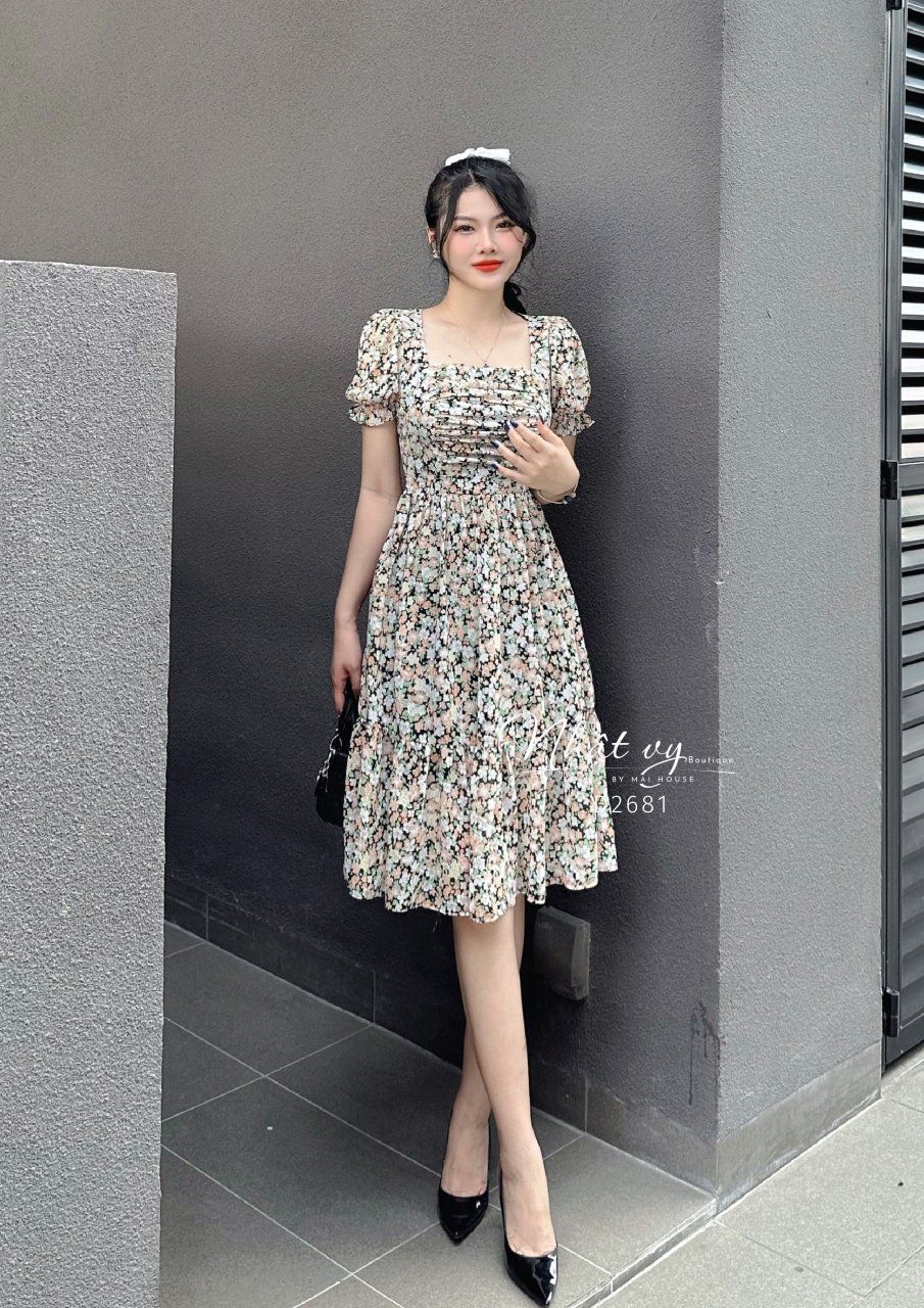 Đầm voan hoa cổ vuông nhún ngực - D2681