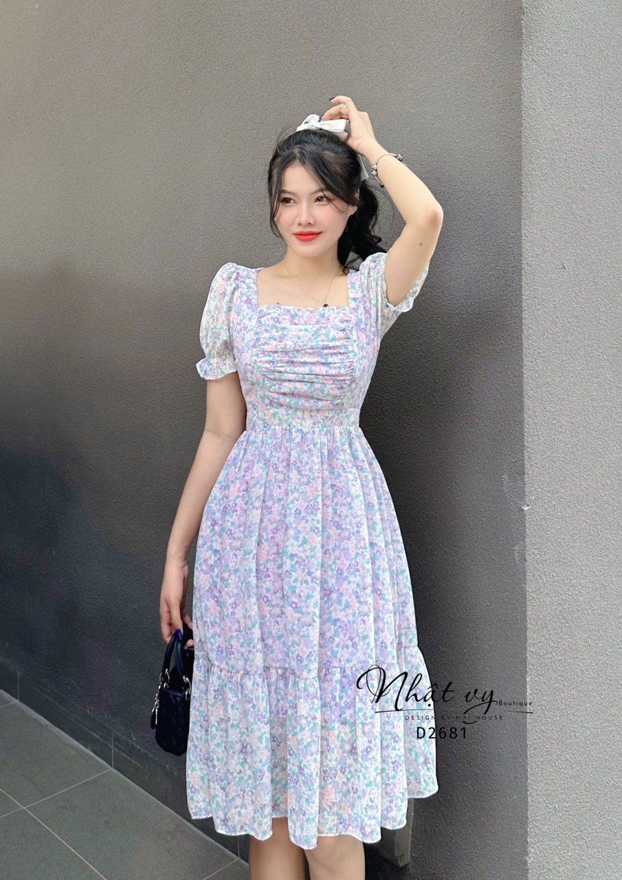 Đầm voan hoa cổ vuông nhún ngực - D2681