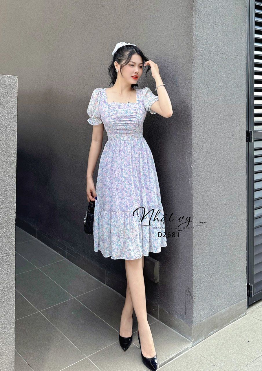 Đầm voan hoa cổ vuông nhún ngực - D2681