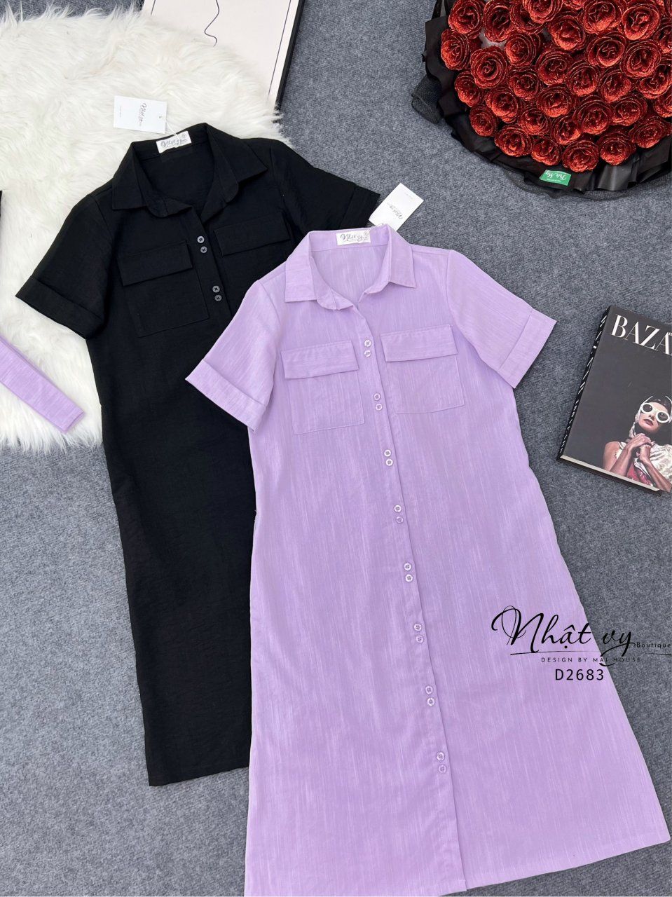 Đầm sơ mi túi ngực dáng suông - D2683