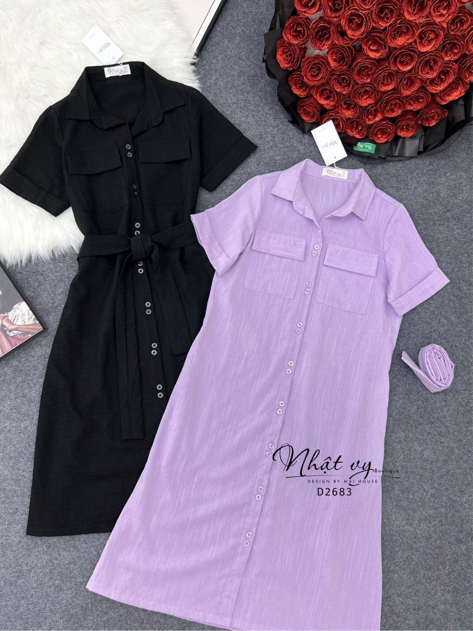 Đầm sơ mi túi ngực dáng suông - D2683