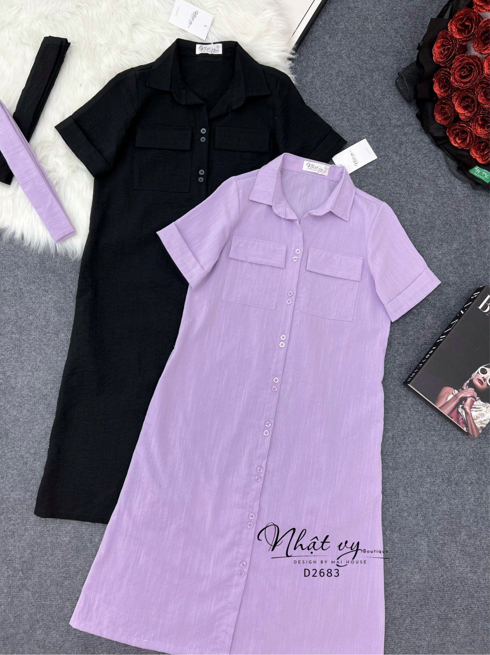 Đầm sơ mi túi ngực dáng suông - D2683