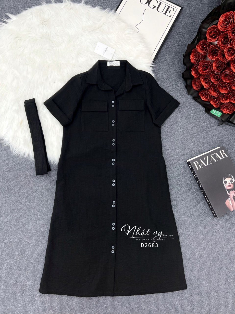 Đầm sơ mi túi ngực dáng suông - D2683
