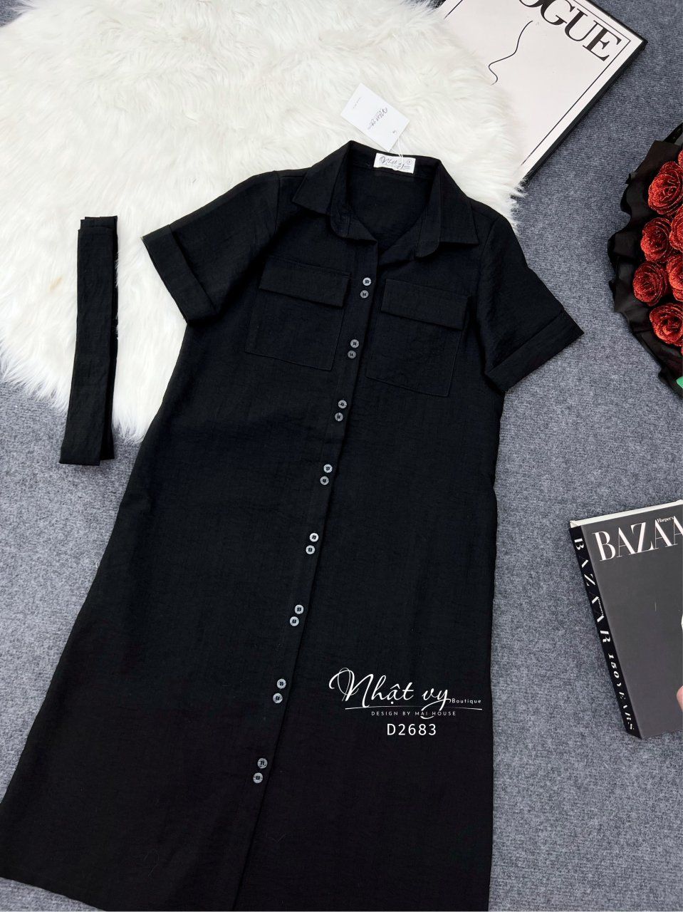Đầm sơ mi túi ngực dáng suông - D2683