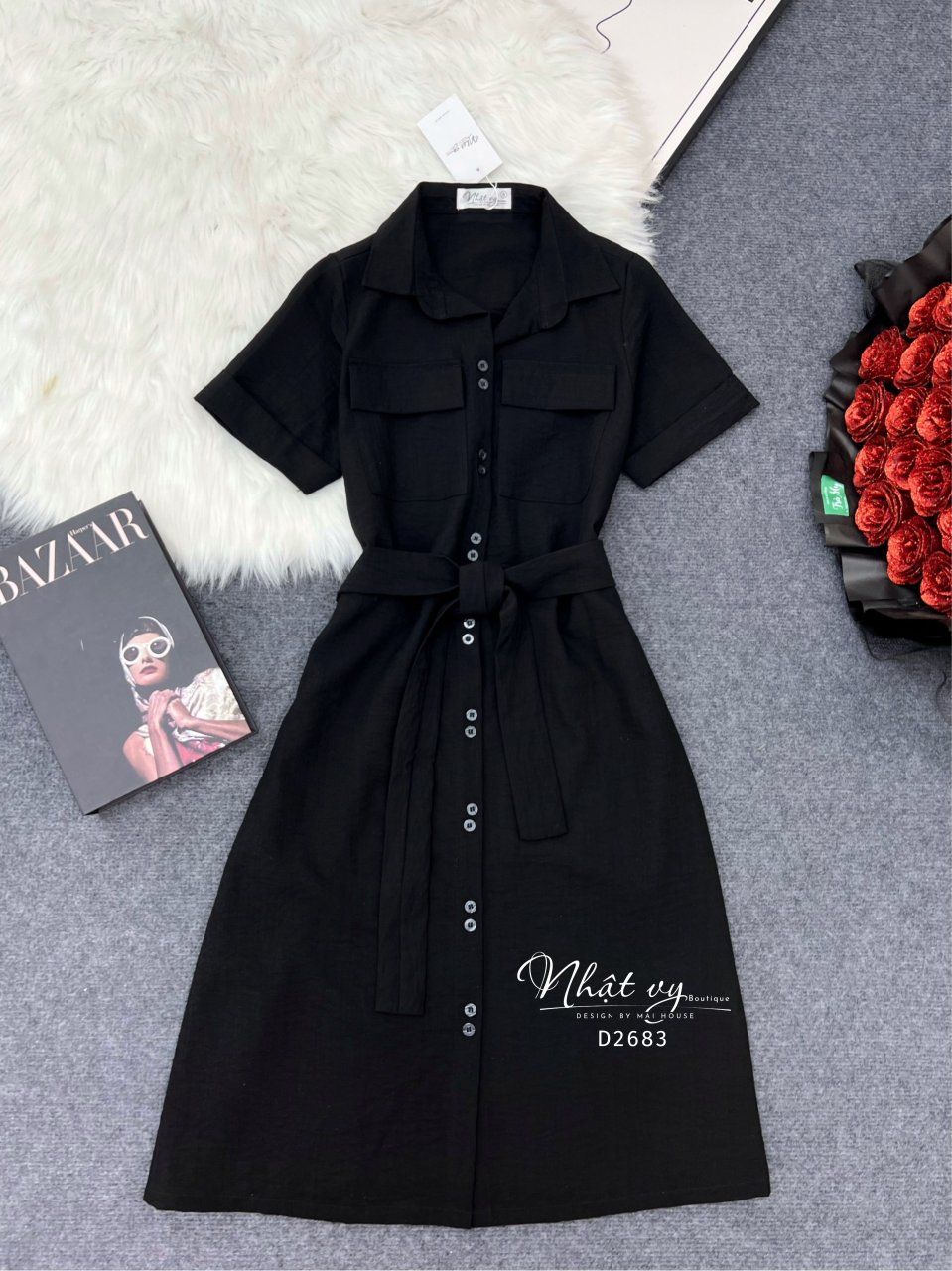 Đầm sơ mi túi ngực dáng suông - D2683