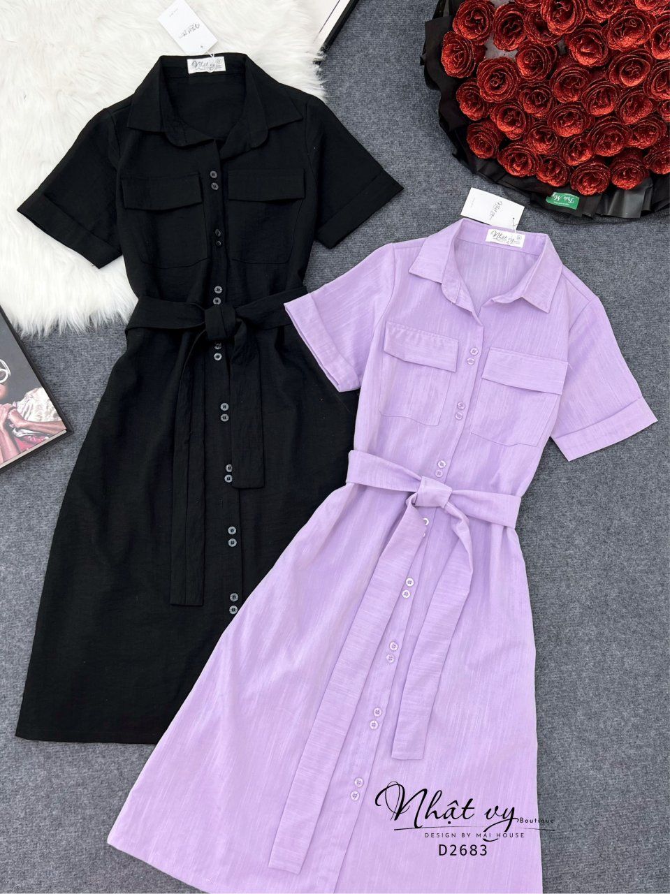 Đầm sơ mi túi ngực dáng suông - D2683