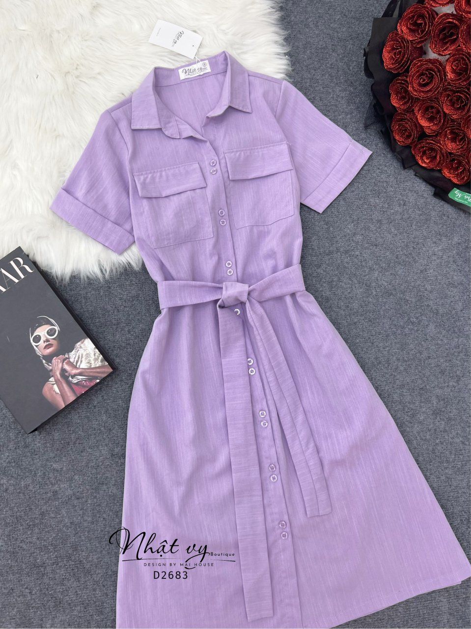 Đầm sơ mi túi ngực dáng suông - D2683