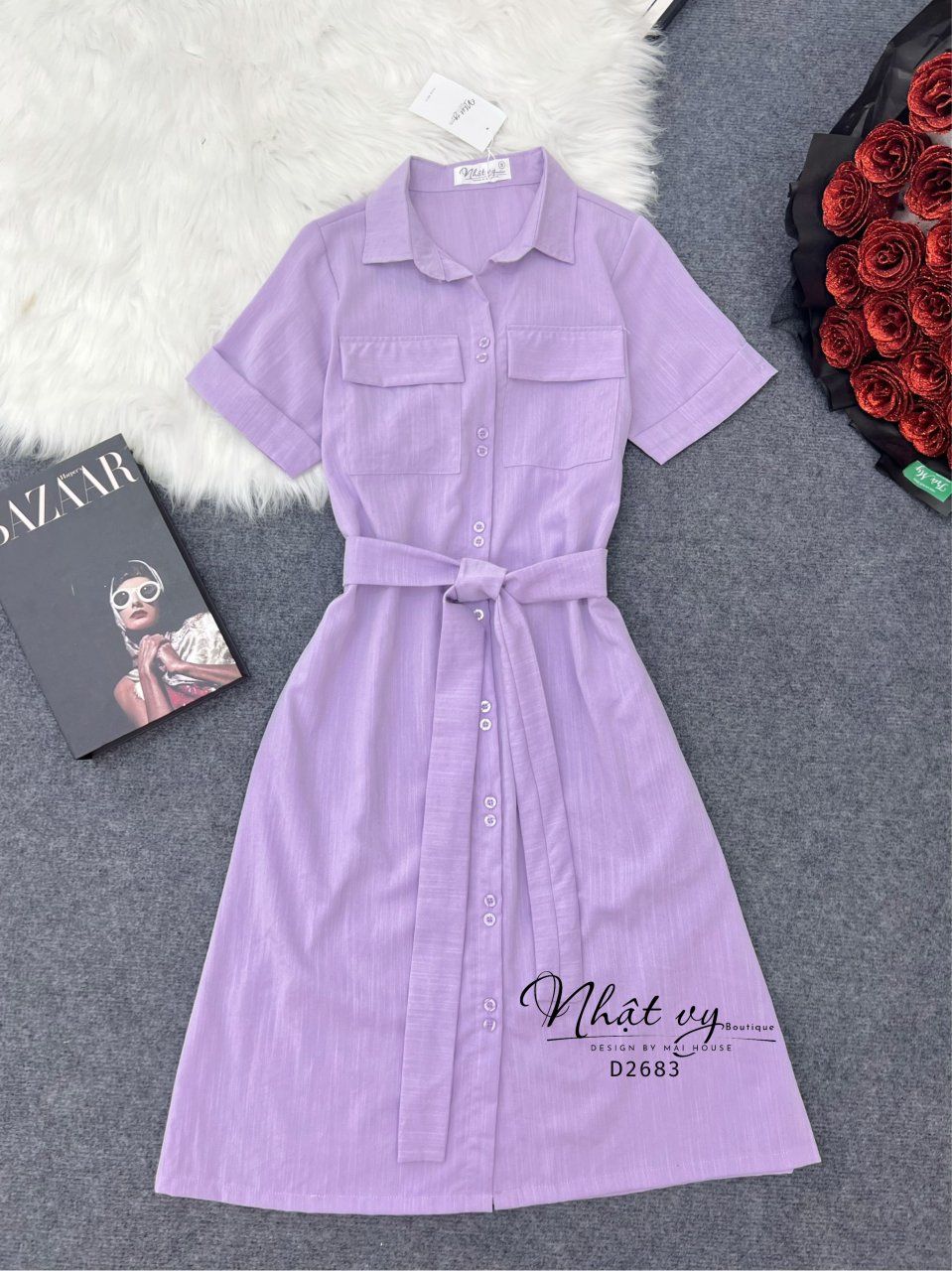 Đầm sơ mi túi ngực dáng suông - D2683