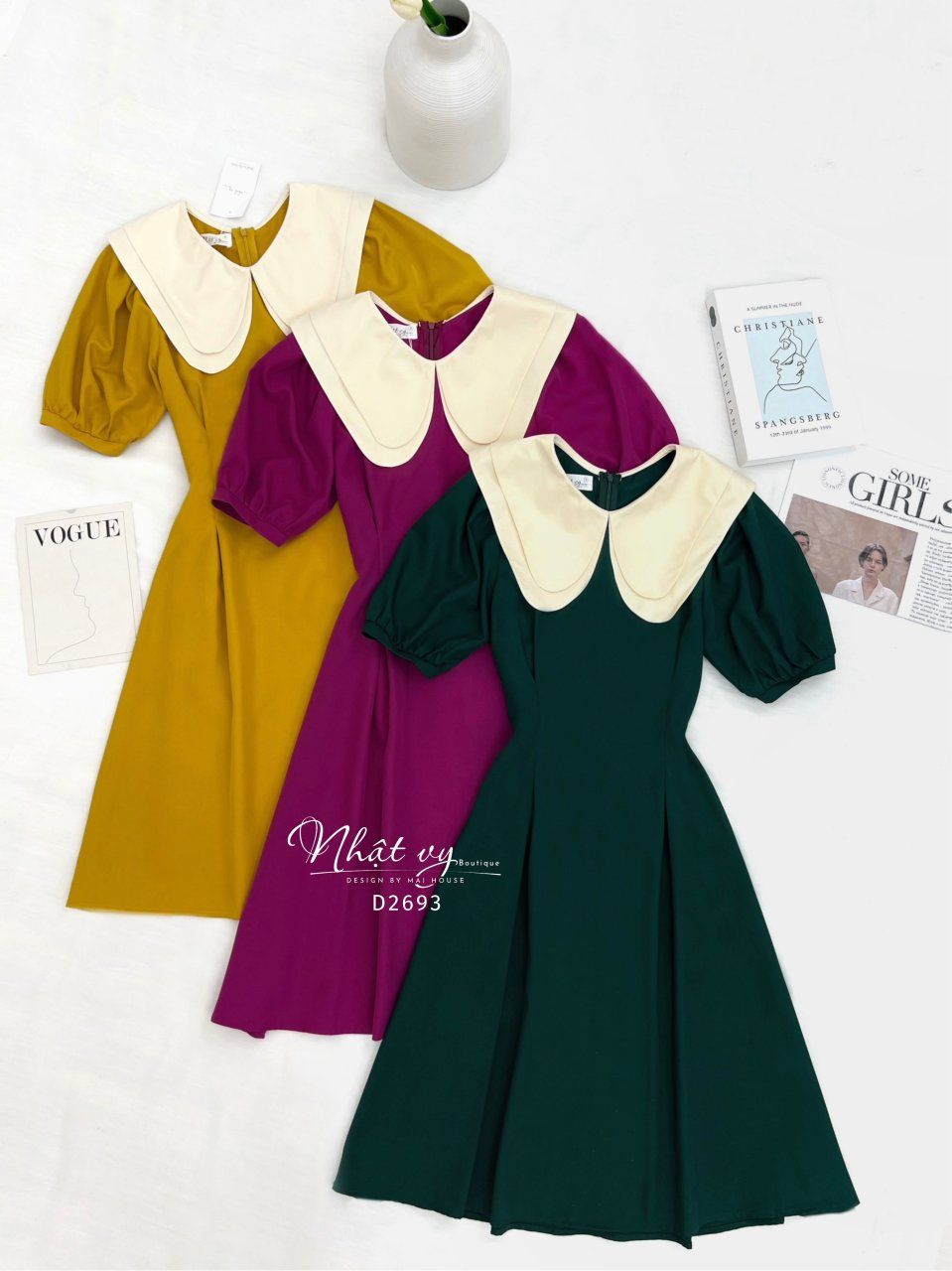 Đầm chiết eo tay phồng phối cổ 2 tầng - D2693
