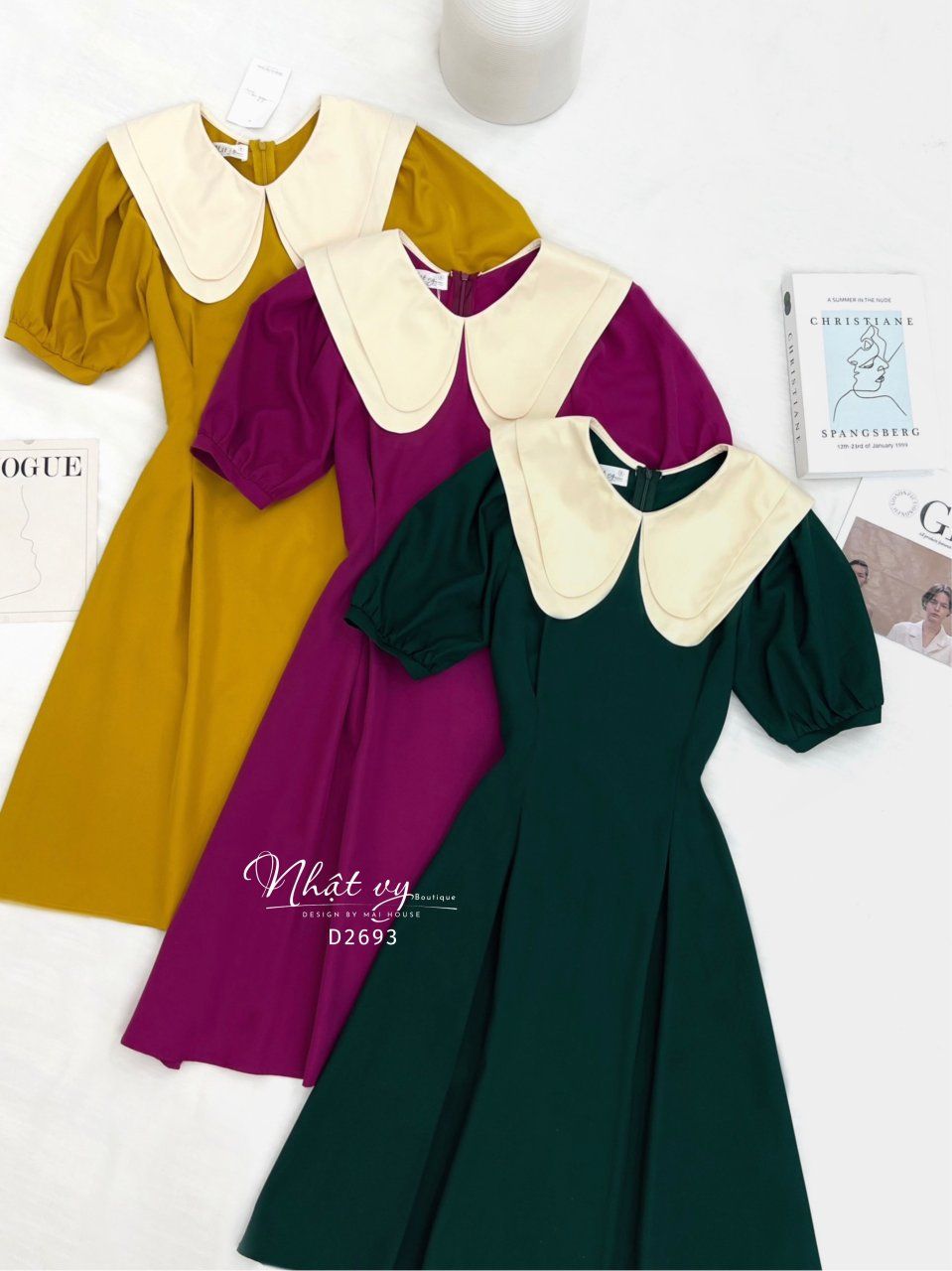 Đầm chiết eo tay phồng phối cổ 2 tầng - D2693
