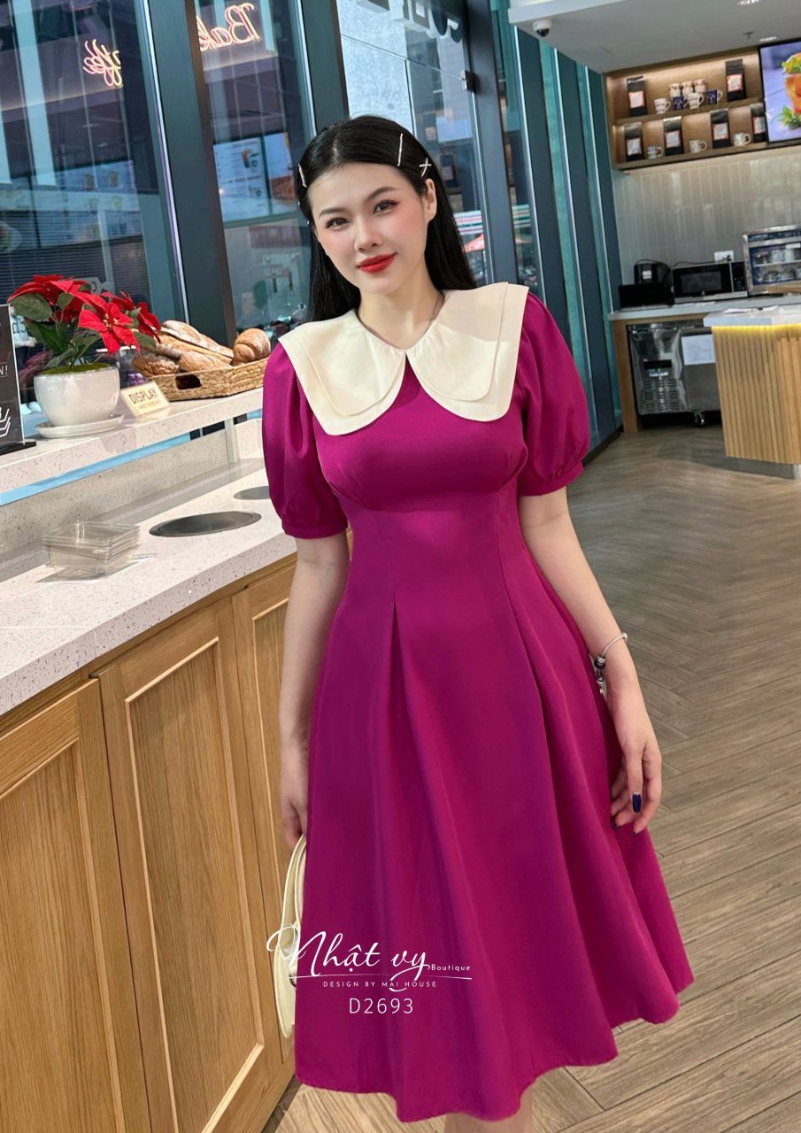 Đầm chiết eo tay phồng phối cổ 2 tầng - D2693