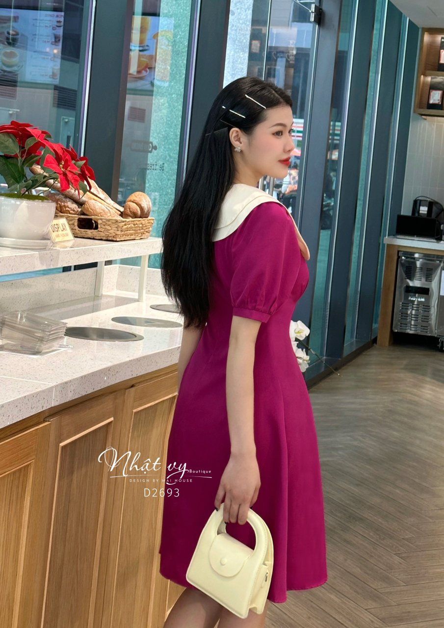 Đầm chiết eo tay phồng phối cổ 2 tầng - D2693