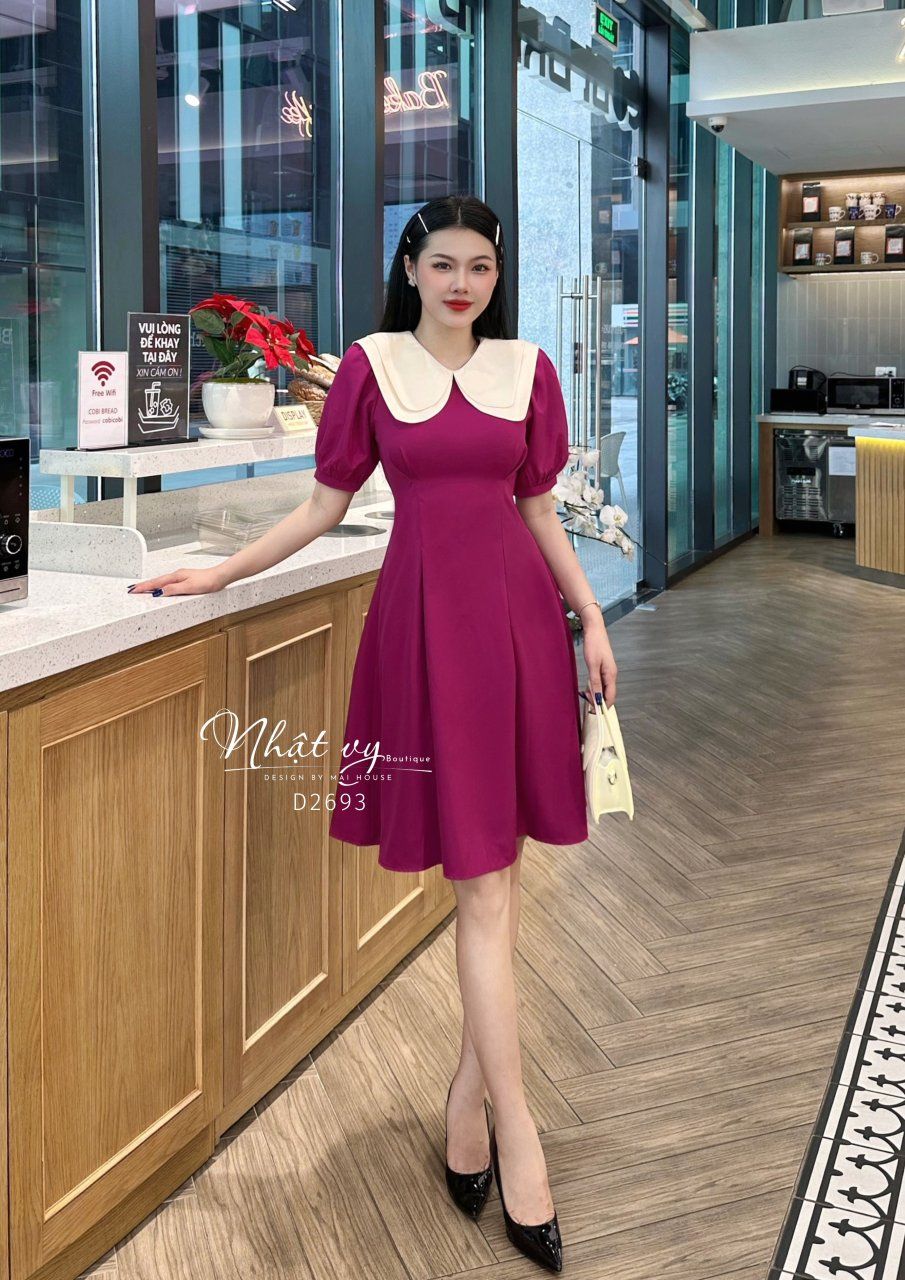 Đầm chiết eo tay phồng phối cổ 2 tầng - D2693