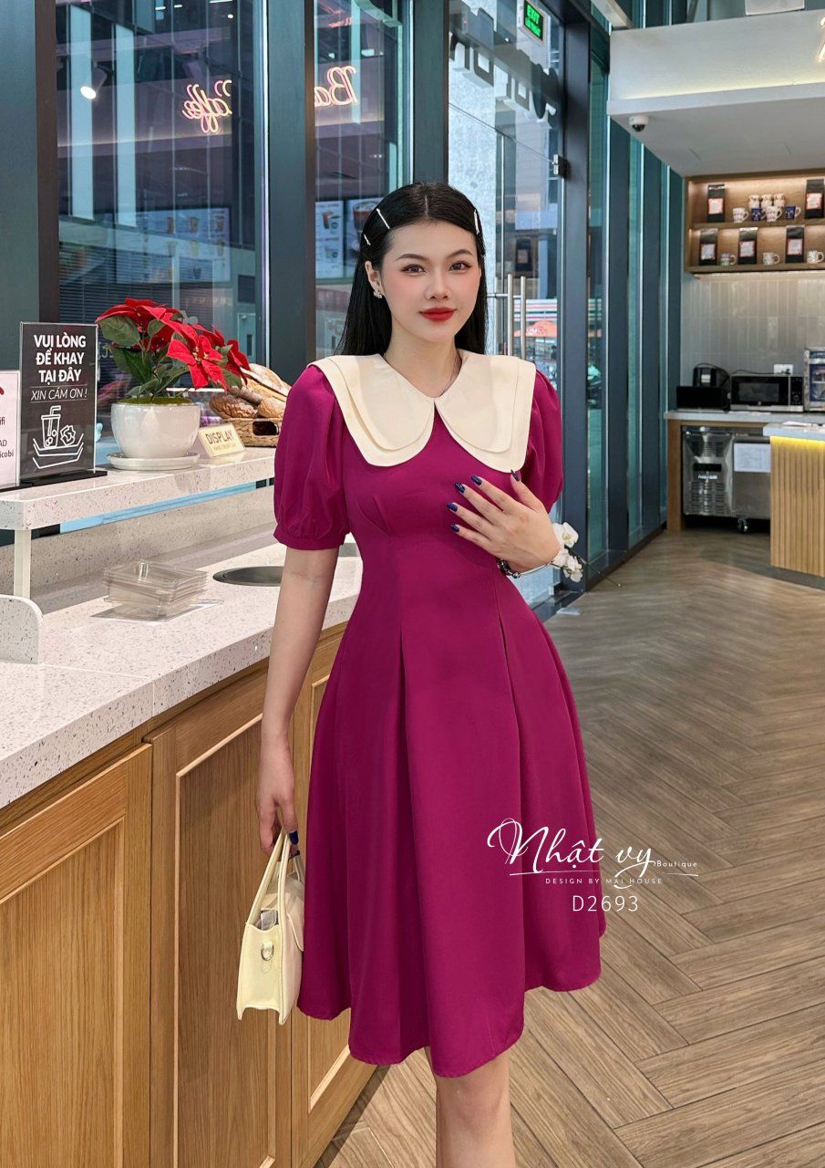 Đầm chiết eo tay phồng phối cổ 2 tầng - D2693