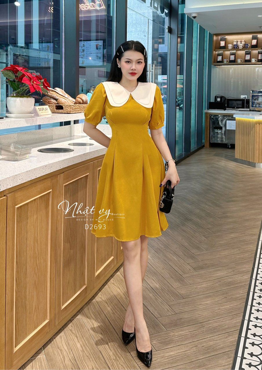 Đầm chiết eo tay phồng phối cổ 2 tầng - D2693