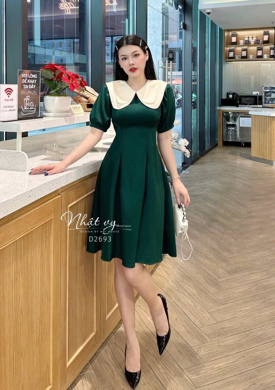 Đầm chiết eo tay phồng phối cổ 2 tầng - D2693