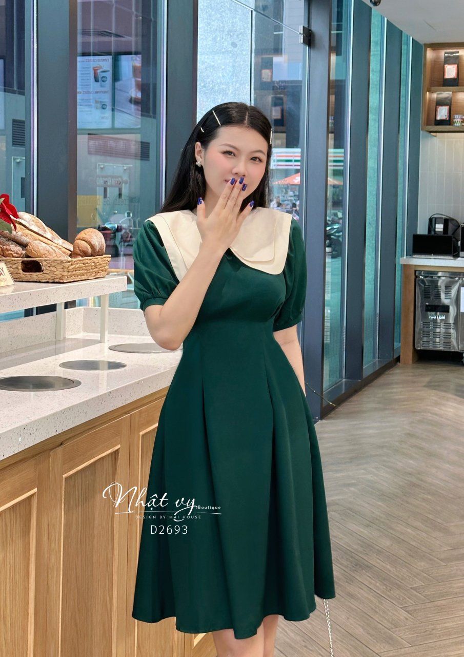 Đầm chiết eo tay phồng phối cổ 2 tầng - D2693