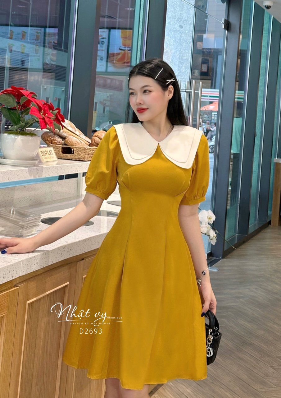 Đầm chiết eo tay phồng phối cổ 2 tầng - D2693