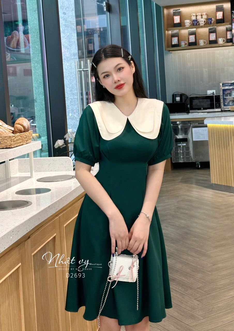 Đầm chiết eo tay phồng phối cổ 2 tầng - D2693