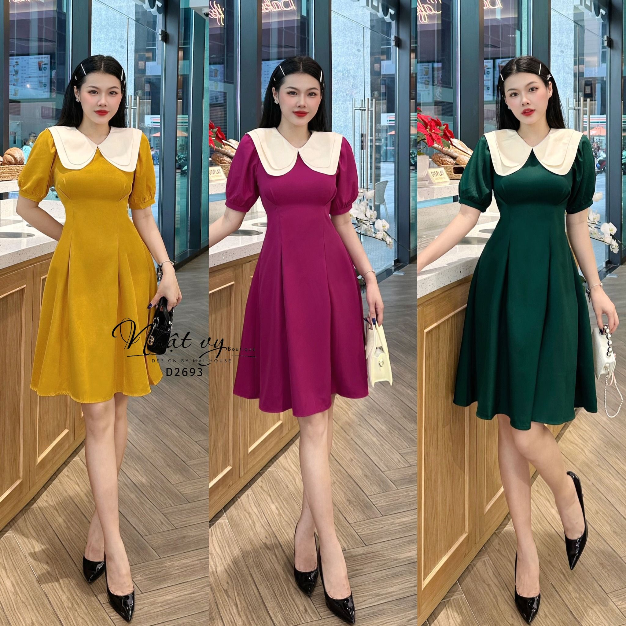 Đầm chiết eo tay phồng phối cổ 2 tầng - D2693