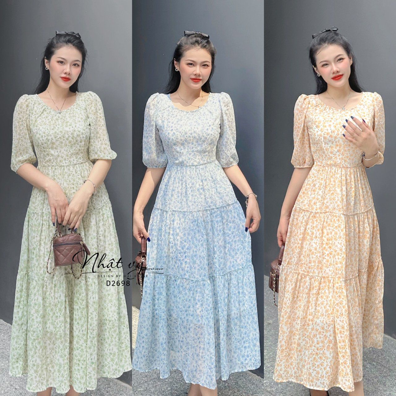 Đầm hoa dáng maxi cổ tròn tay lửng - D2698