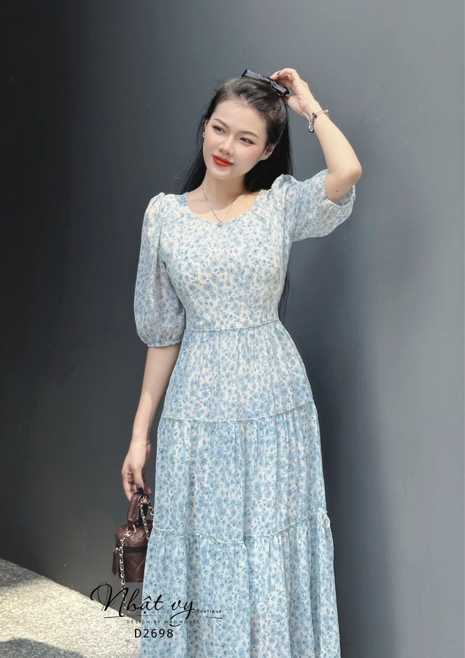 Đầm hoa dáng maxi cổ tròn tay lửng - D2698