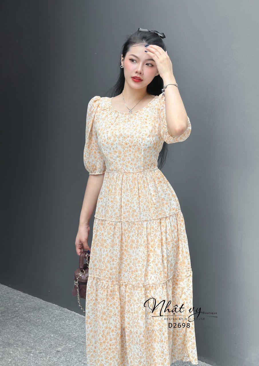 Đầm hoa dáng maxi cổ tròn tay lửng - D2698