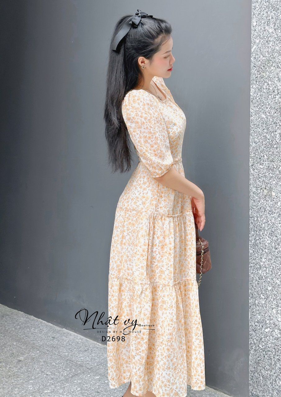 Đầm hoa dáng maxi cổ tròn tay lửng - D2698