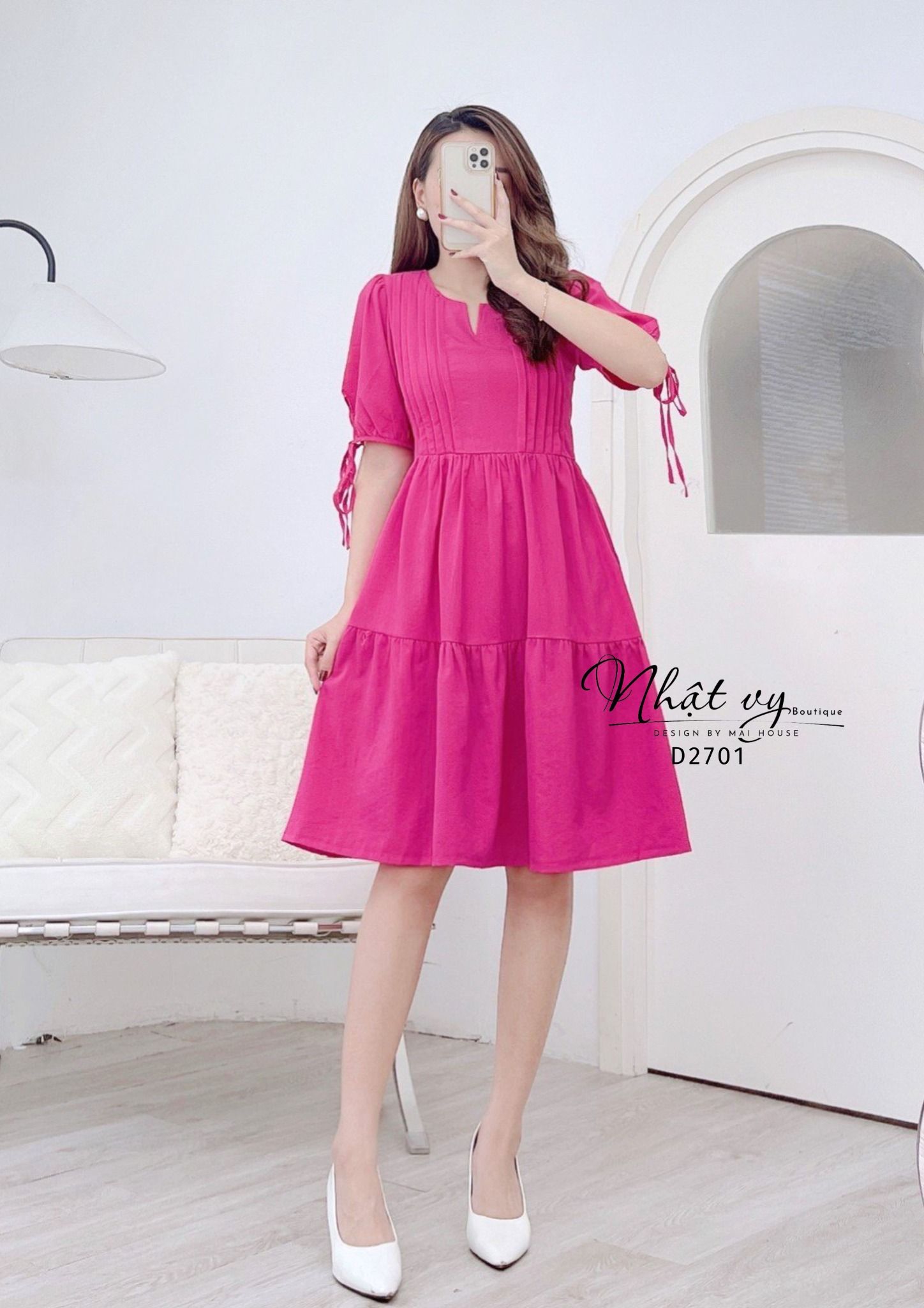 Đầm xếp ly ngực tay lửng dáng babydoll - D2701