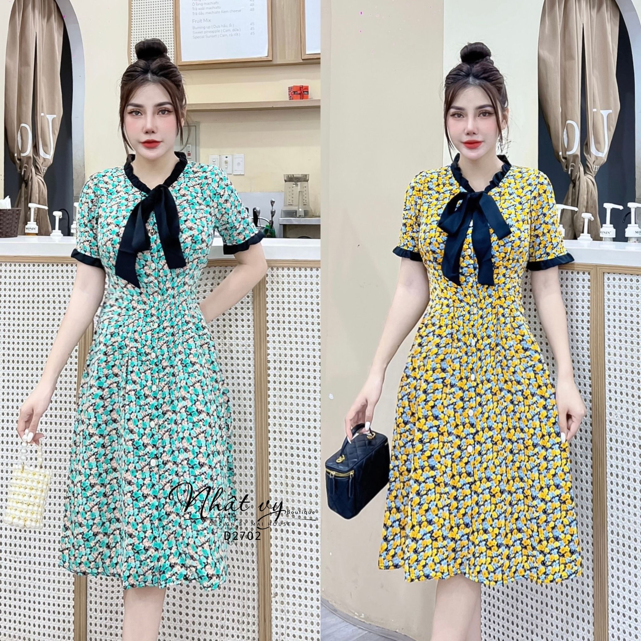 Đầm hoa chiết ben ngực phối bèo cổ - D2702