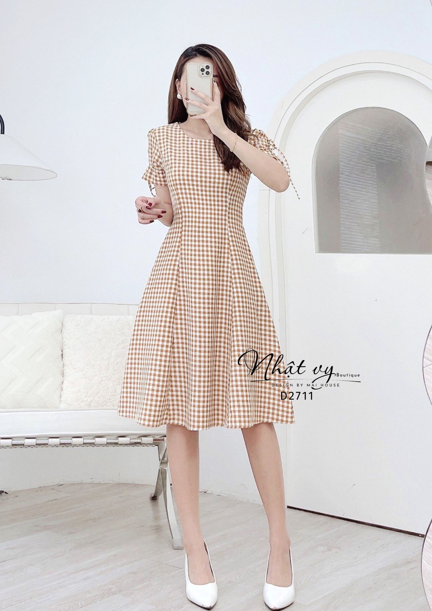 Đầm caro cổ tròn tay thắt nơ form dáng xoè - D2711