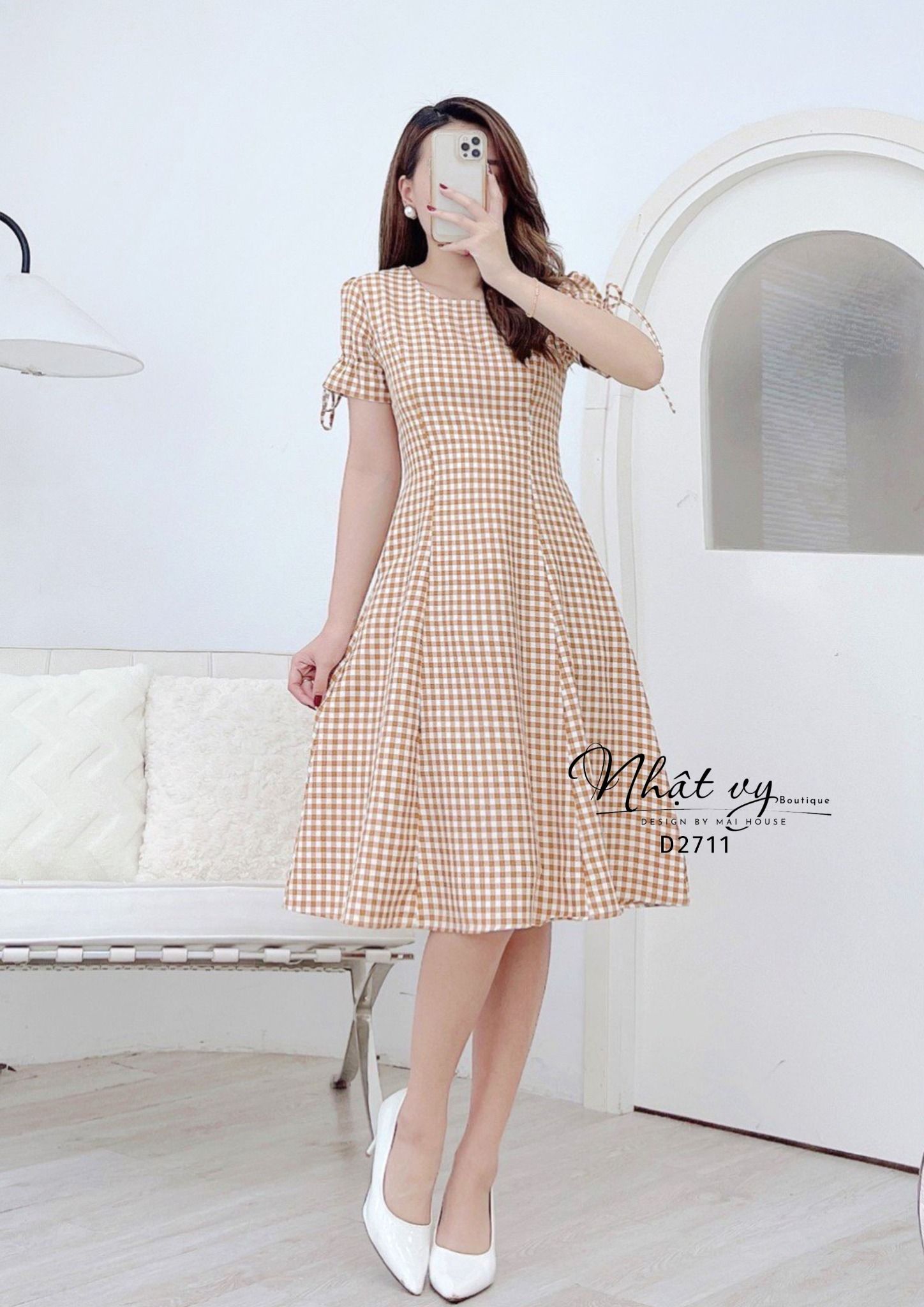 Đầm caro cổ tròn tay thắt nơ form dáng xoè - D2711