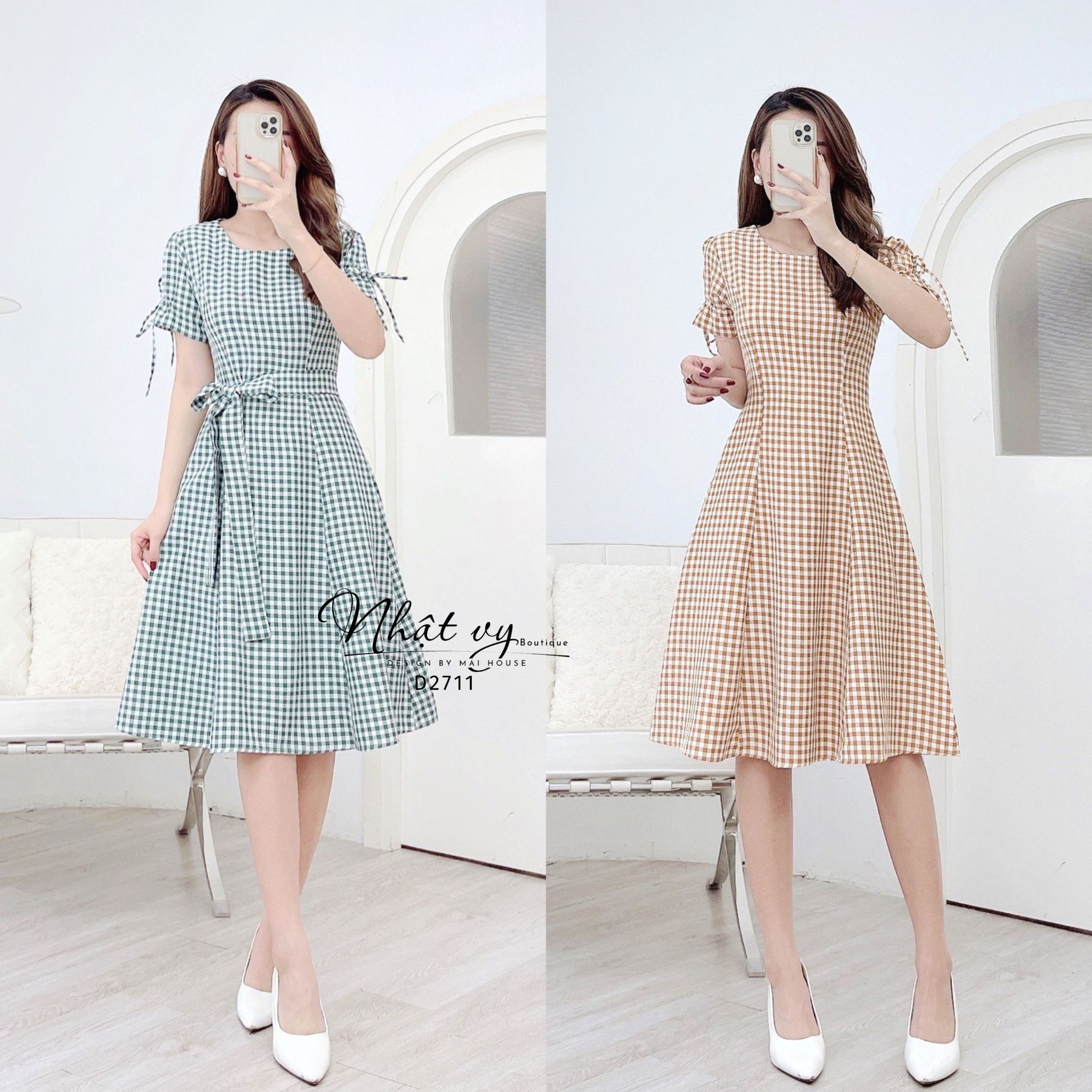 Đầm caro cổ tròn tay thắt nơ form dáng xoè - D2711