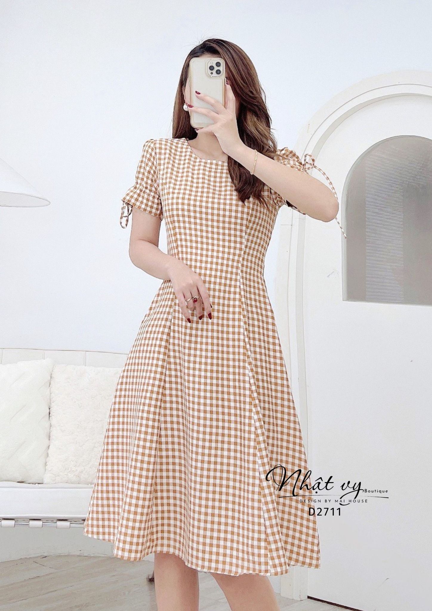 Đầm caro cổ tròn tay thắt nơ form dáng xoè - D2711