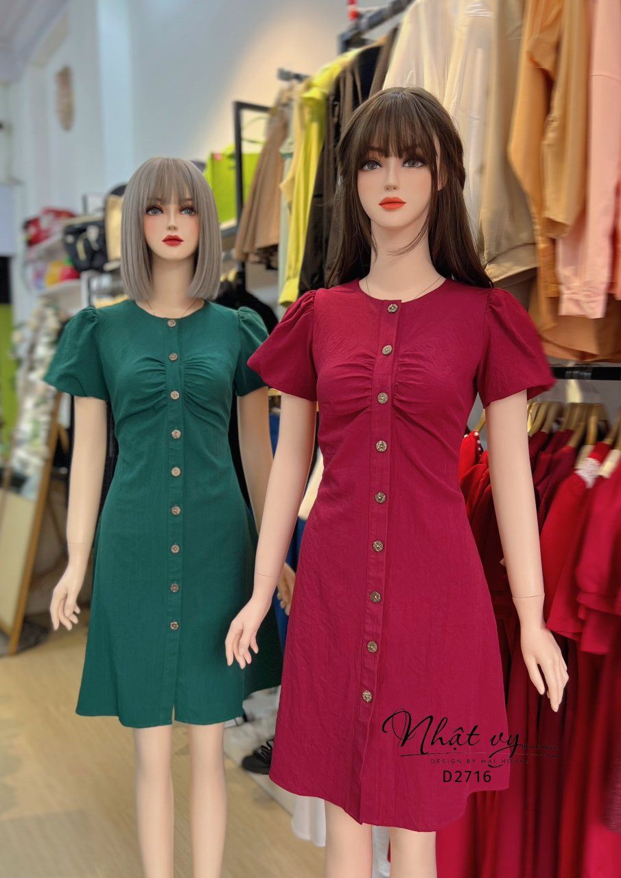 Đầm nhún ngực tay bí cổ tròn cài cúc gỗ - D2716