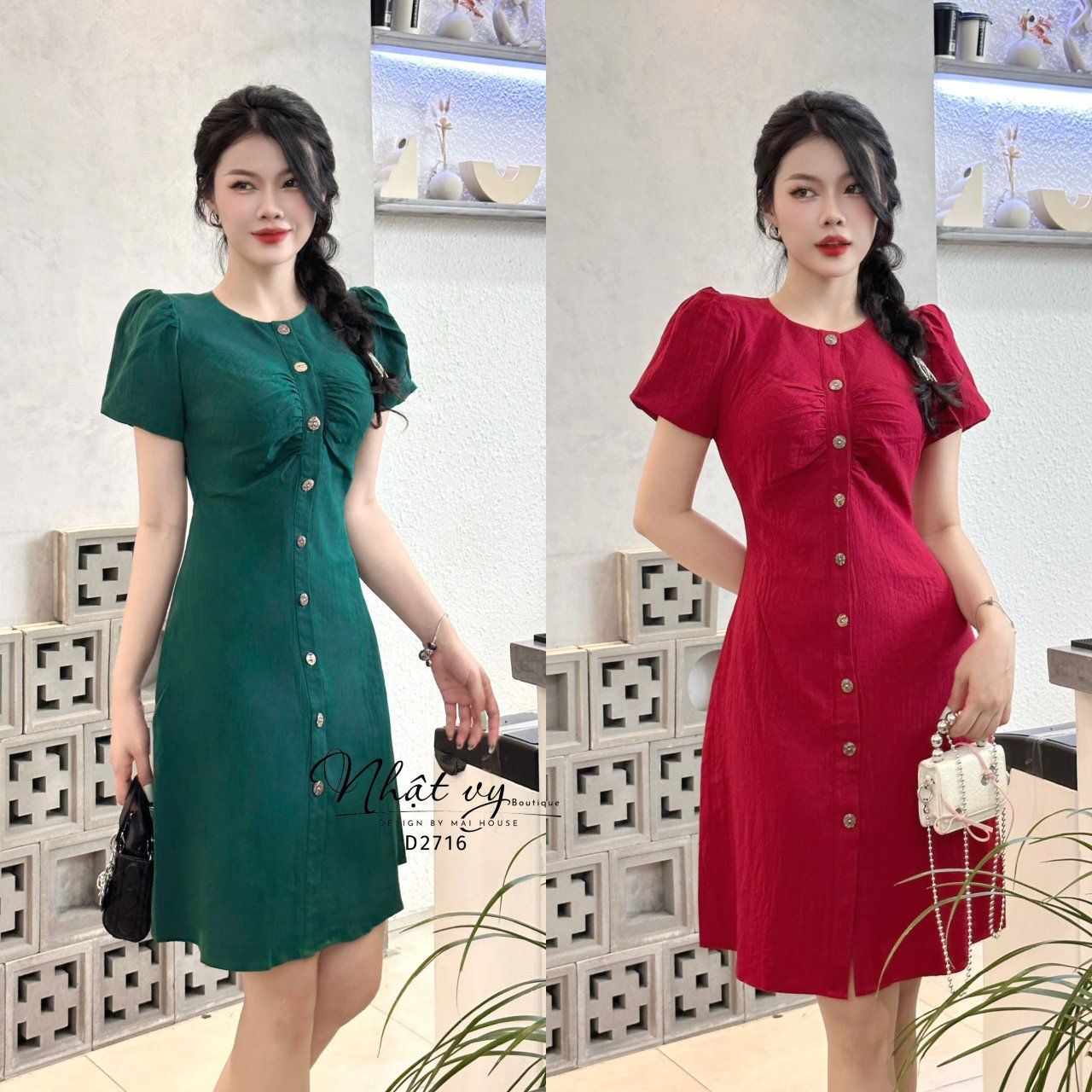 Đầm nhún ngực tay bí cổ tròn cài cúc gỗ - D2716