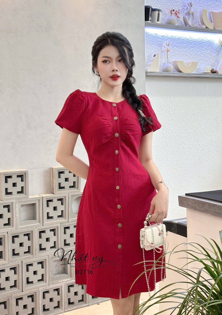 Đầm nhún ngực tay bí cổ tròn cài cúc gỗ - D2716