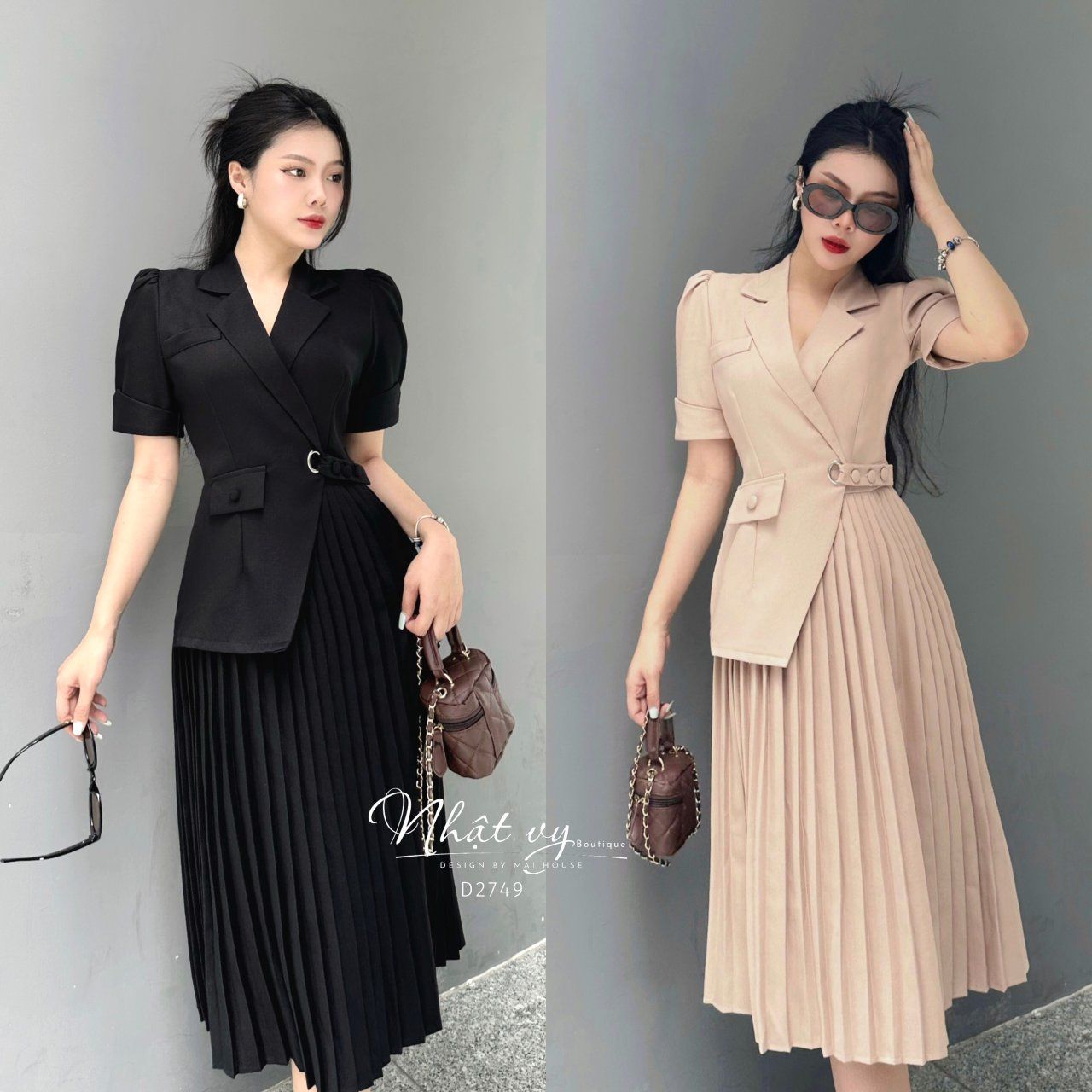 Đầm cổ vest dập ly form dáng dài - D2724