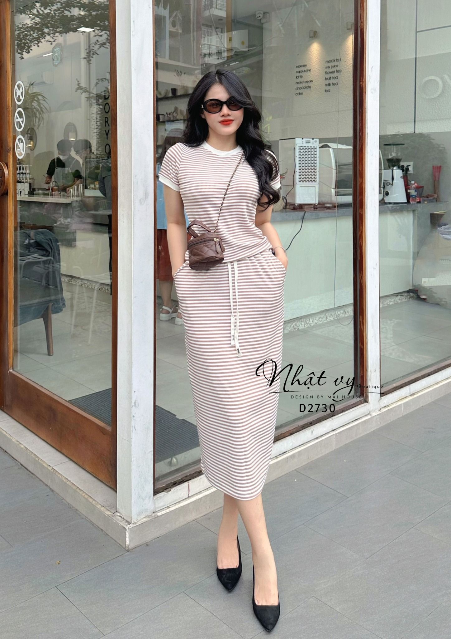 Set áo thun ôm phối chân váy dài - D2730