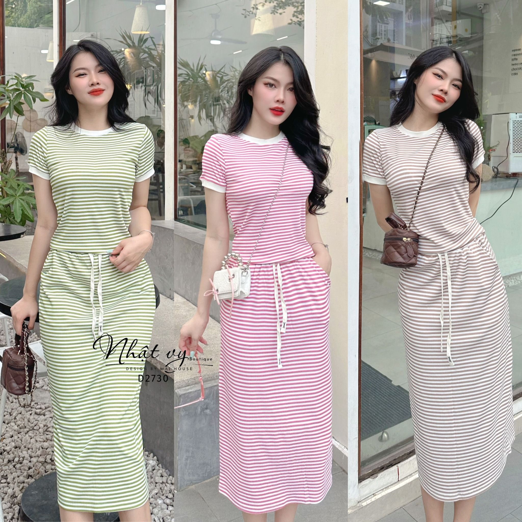 Set áo thun ôm phối chân váy dài - D2730