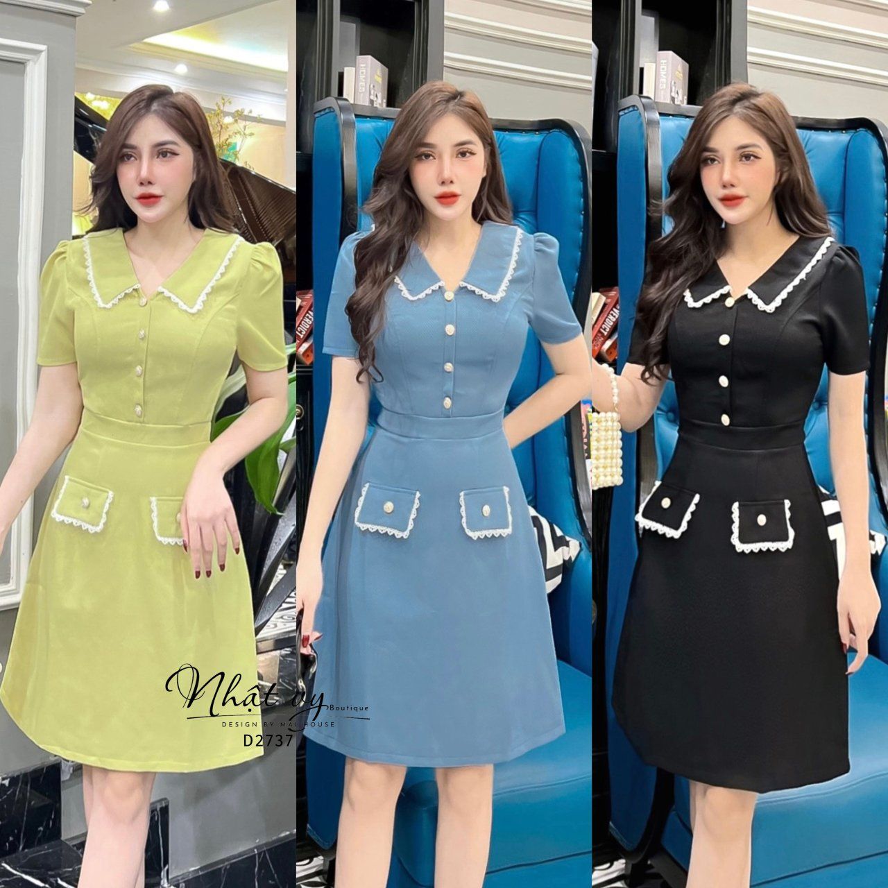 Đầm xốp cổ V viền ren đính cúc bọc - D2737